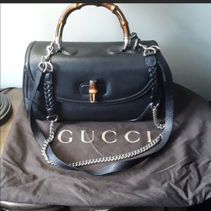 GUCCI calfskin large bamboo top handle black bag